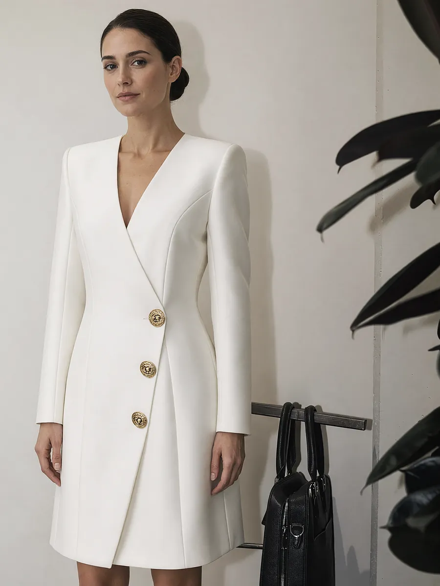 A white double-breasted jacket dress with gold buttons, worn in the showroom