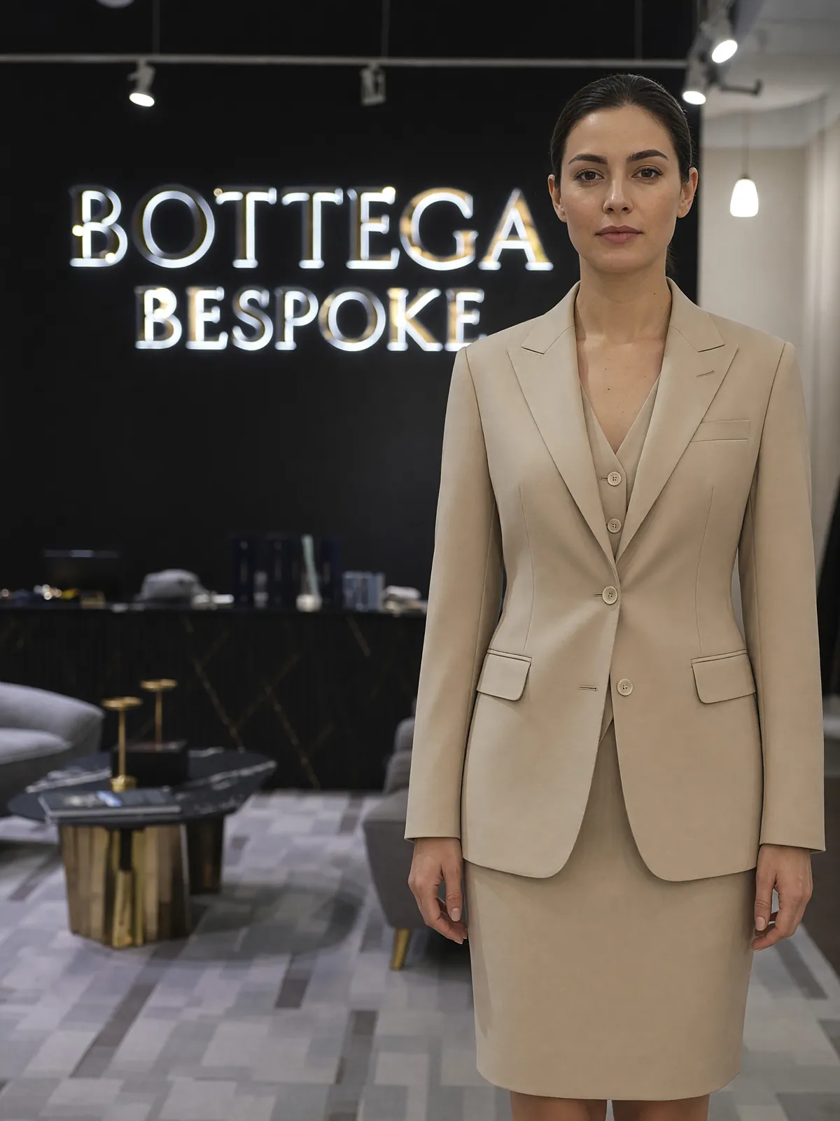 A woman in the same room and the same light, in the camel jacket, waistcoat and skirt