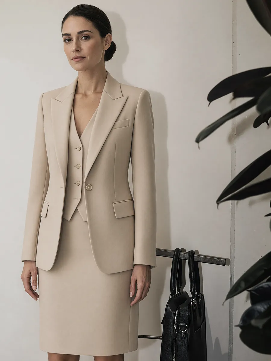 A camel jacket, waistcoat and skirt, worn in the showroom